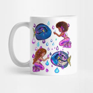 Best fishing gifts for fish lovers 2022. anime mermaid with blue tang fish and rain drops. Cute black  and white girls with Afro hair, green eyes, Cherry pink lips and dark brown skin. Hair love ! Mug